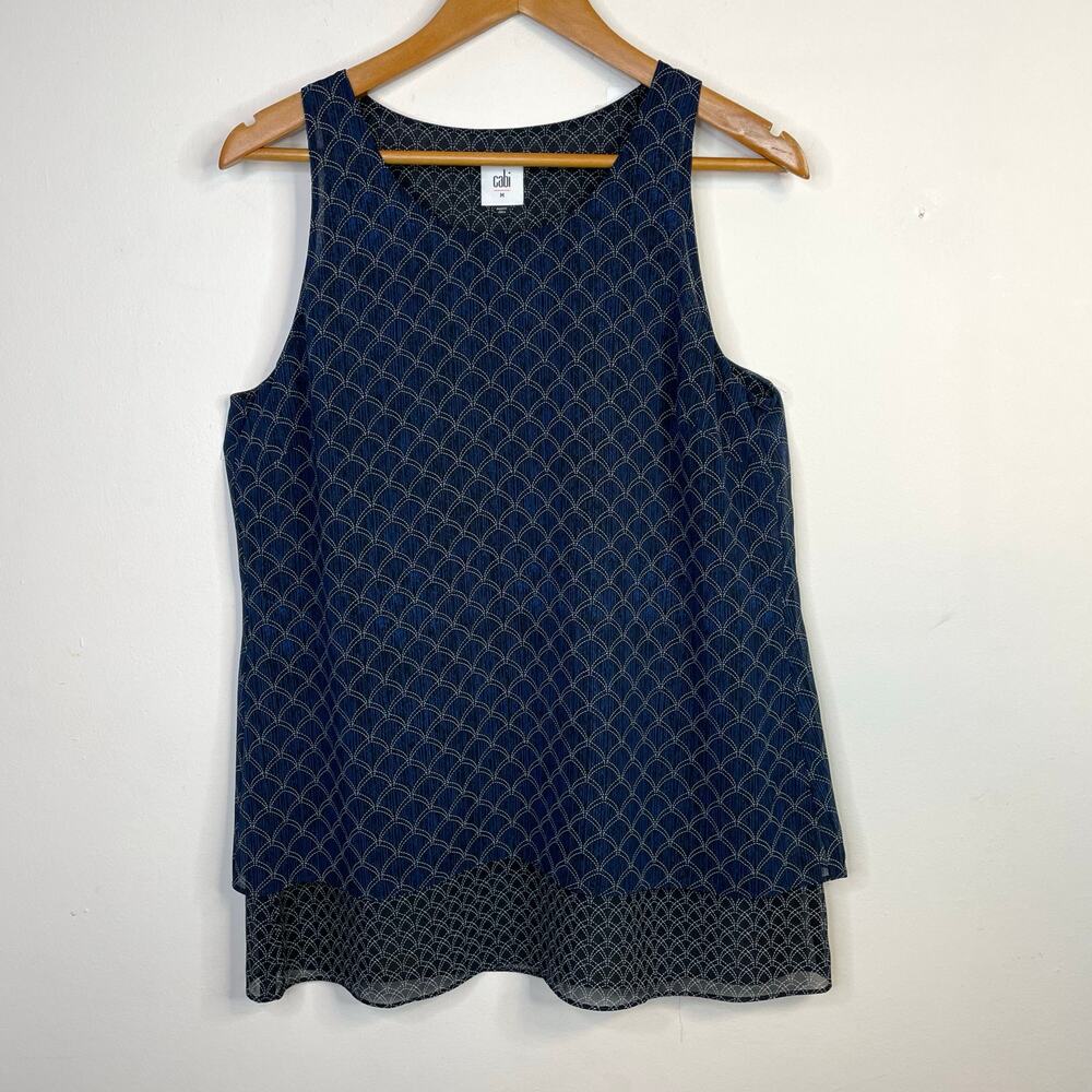 Cabi Scallop Mermaid Scale Layered Tank Top Shell Navy Blue Flowy Classic 3783 M